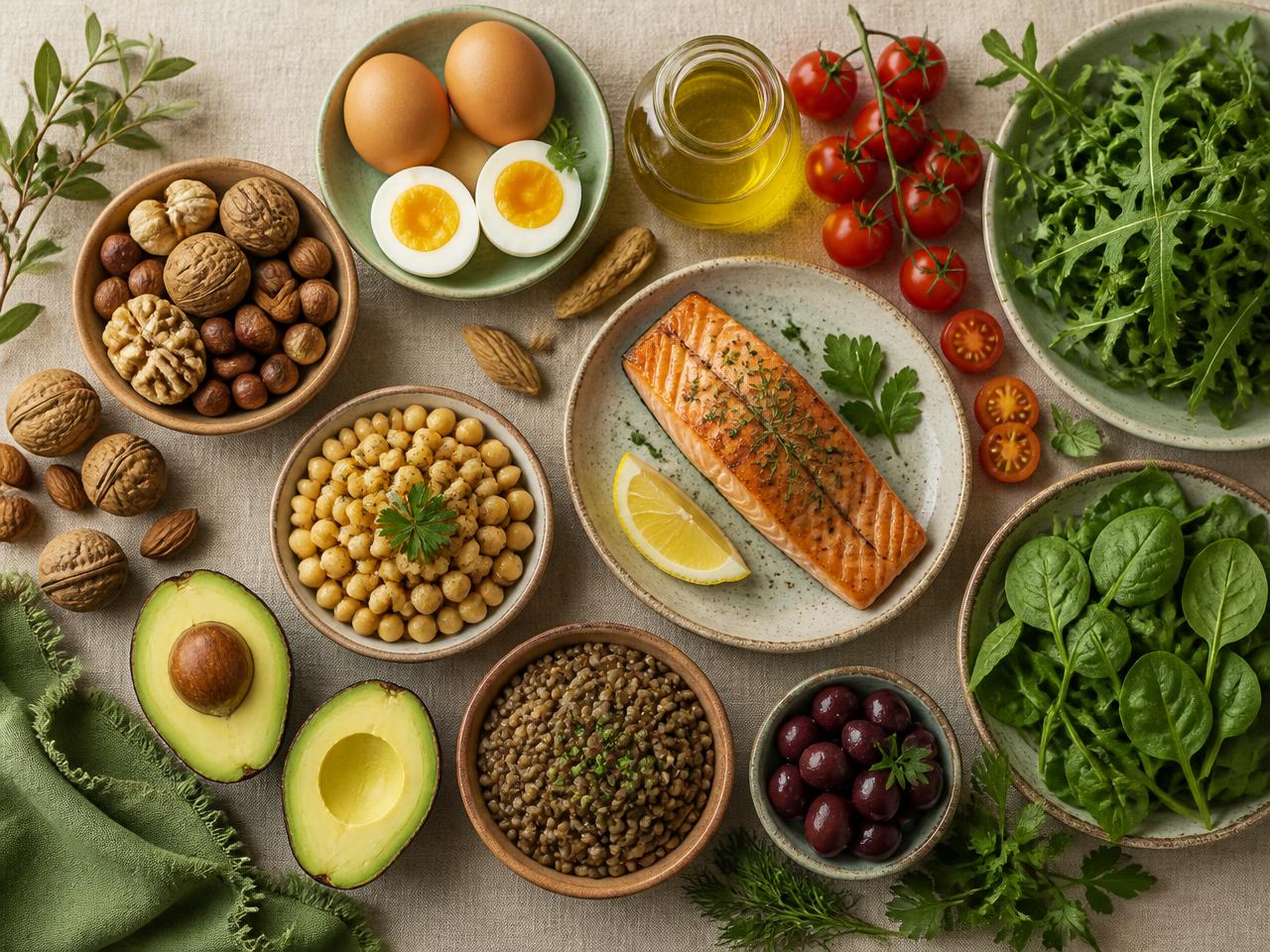 Whole foods: eggs, nuts, fish, lentils, chickpeas, avocado, olives and leafy greens